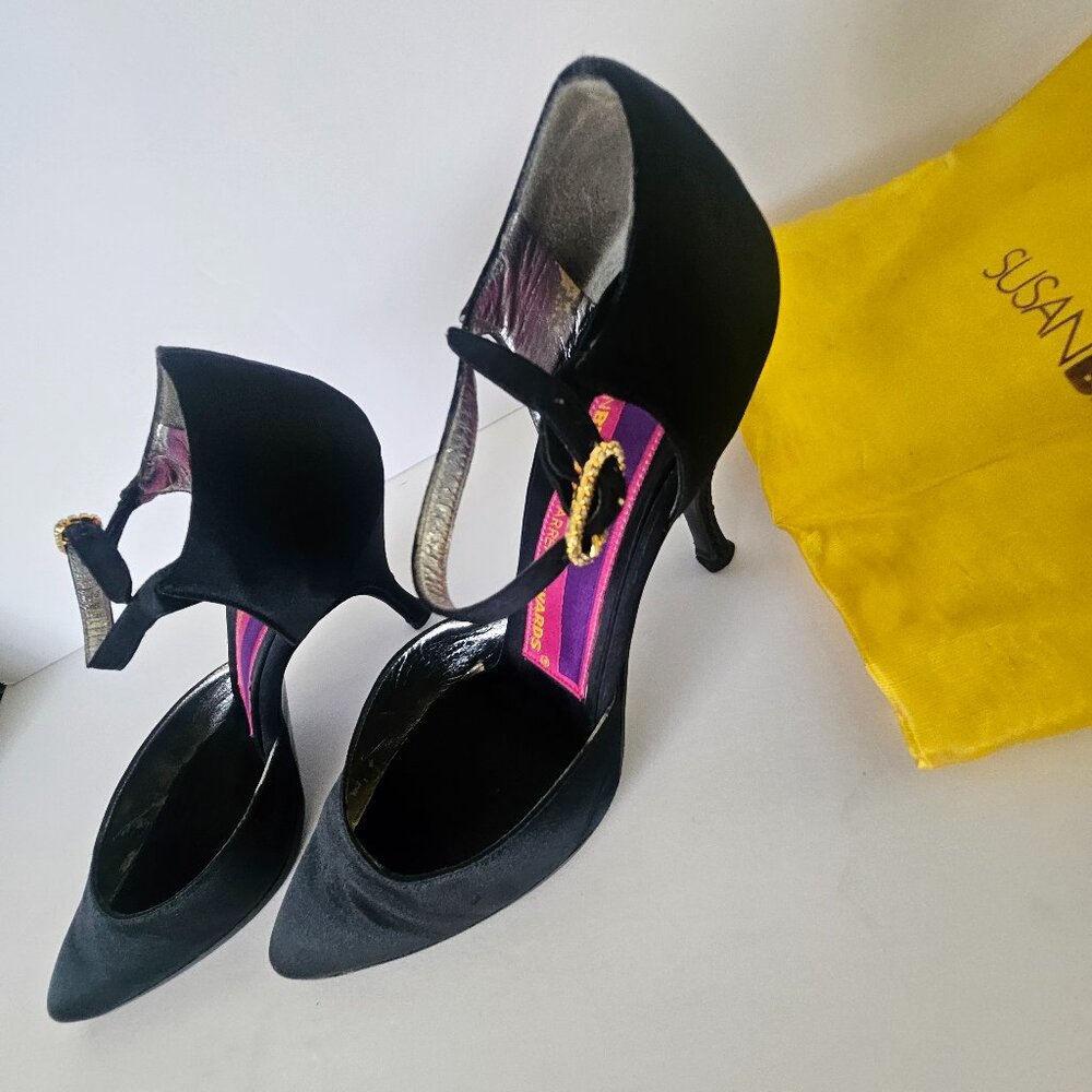 Vintage Susan Bennis/Warren Edwards Bejeweled Black Ankle Strap Satin Heels 8.5
